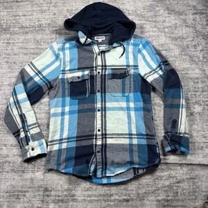 Abound Hooded Flanne Size S Blue Grey Button Down Front Pocket Curved Hem